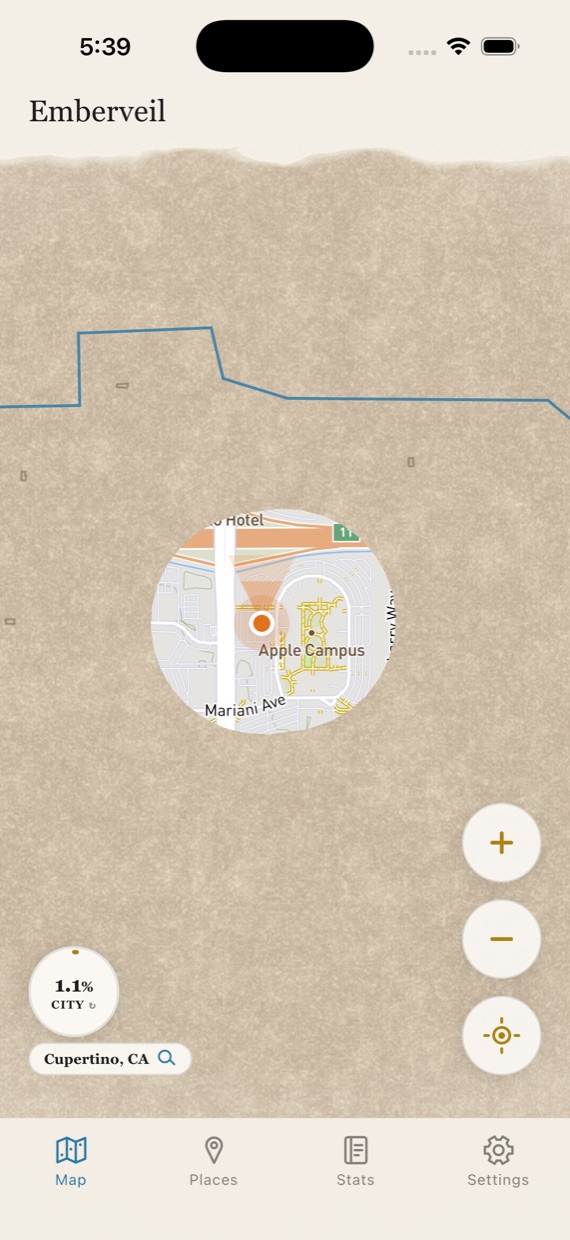 Emberveil on an iPhone: the map is covered in cream parchment, with one circular clearing revealing the streets around Apple Campus in Cupertino.